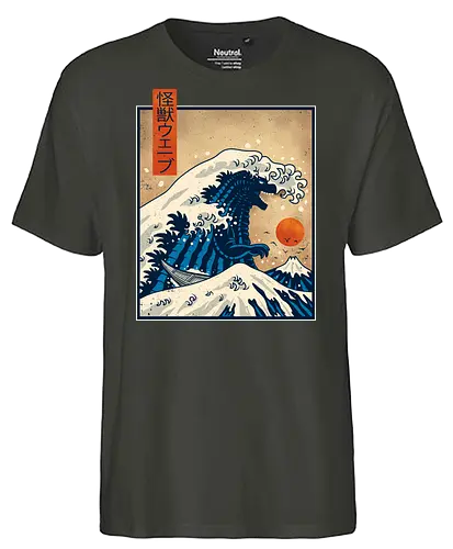 The Great Wave of Kaiju / Kaiju Wave - kawagawa, waves, kaiju, summer, retro, vintage, art, classic, monster, ocean, sunset, Kaiju, Große Welle, Hokusai, Japan, Japanische Kunst, Ukiyo-e, Monster, Popkultur, Mashup, Retro, Vintage, Anime, Manga, Kanagawa - Fairtrade T-Shirt