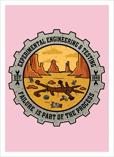 Experimental Engineering – Failure Is Part Of The Process - Ingenieur, Engineering, Cartoon, Coyote, Experiment, Failure, Tech, Humor, Lustig, Geschenk, Vintage Badge, Science, Erfinder, Geek, Nerd - Kunstdruck