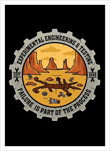 Experimental Engineering – Failure Is Part Of The Process - Ingenieur, Engineering, Cartoon, Coyote, Experiment, Failure, Tech, Humor, Lustig, Geschenk, Vintage Badge, Science, Erfinder, Geek, Nerd - Kunstdruck