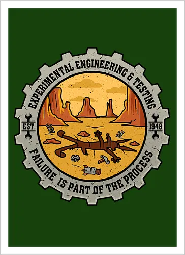 Experimental Engineering – Failure Is Part Of The Process - Ingenieur, Engineering, Cartoon, Coyote, Experiment, Failure, Tech, Humor, Lustig, Geschenk, Vintage Badge, Science, Erfinder, Geek, Nerd - Kunstdruck