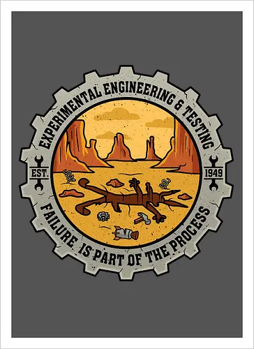 Experimental Engineering – Failure Is Part Of The Process - Ingenieur, Engineering, Cartoon, Coyote, Experiment, Failure, Tech, Humor, Lustig, Geschenk, Vintage Badge, Science, Erfinder, Geek, Nerd - Kunstdruck