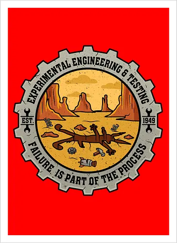 Experimental Engineering – Failure Is Part Of The Process - Ingenieur, Engineering, Cartoon, Coyote, Experiment, Failure, Tech, Humor, Lustig, Geschenk, Vintage Badge, Science, Erfinder, Geek, Nerd - Kunstdruck