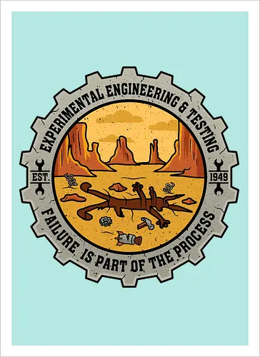 Experimental Engineering – Failure Is Part Of The Process - Ingenieur, Engineering, Cartoon, Coyote, Experiment, Failure, Tech, Humor, Lustig, Geschenk, Vintage Badge, Science, Erfinder, Geek, Nerd - Kunstdruck