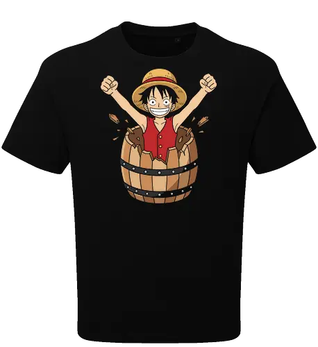 Barrel Breakout: The Journey Begins - One Piece shirt, Luffy barrel graphic tee, Straw Hat pirate merch, anime origin apparel, nostalgic manga clothing, shonen anime streetwear, classic anime moment tee, pirate adventure fashion, minimalist anime design, Japanese pop culture shirt - Oversize T-Shirt