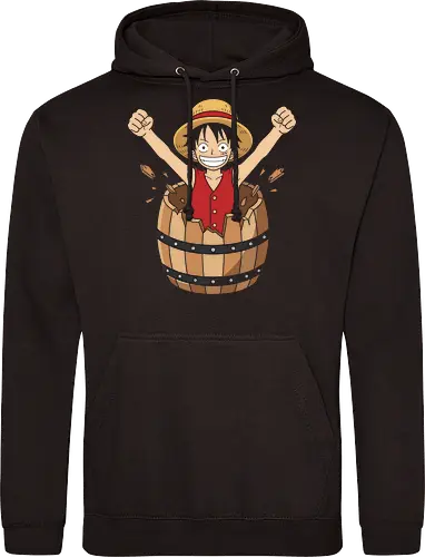 Barrel Breakout: The Journey Begins - One Piece shirt, Luffy barrel graphic tee, Straw Hat pirate merch, anime origin apparel, nostalgic manga clothing, shonen anime streetwear, classic anime moment tee, pirate adventure fashion, minimalist anime design, Japanese pop culture shirt - Standard Hoodie