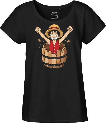 Barrel Breakout: The Journey Begins - One Piece shirt, Luffy barrel graphic tee, Straw Hat pirate merch, anime origin apparel, nostalgic manga clothing, shonen anime streetwear, classic anime moment tee, pirate adventure fashion, minimalist anime design, Japanese pop culture shirt - Fairtrade Girl Shirt