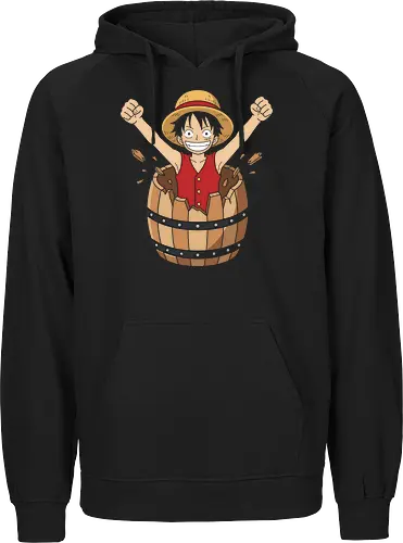 Barrel Breakout: The Journey Begins - One Piece shirt, Luffy barrel graphic tee, Straw Hat pirate merch, anime origin apparel, nostalgic manga clothing, shonen anime streetwear, classic anime moment tee, pirate adventure fashion, minimalist anime design, Japanese pop culture shirt - Fairtrade Hoodie