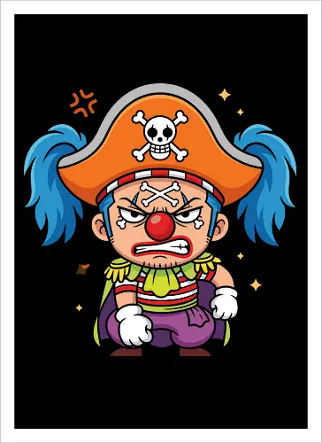 The Grumpy Star Clown: Chibi Pirate - Buggy the clown shirt, One Piece merch, chibi anime graphic tee, funny pirate apparel, kawaii otaku streetwear, Star Clown clothing, grumpy anime character, shonen manga fashion, Japanese anime villain tee, cute pirate captain shirt - Kunstdruck