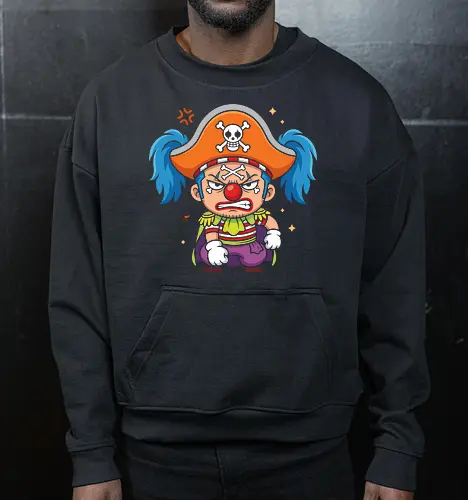 The Grumpy Star Clown: Chibi Pirate - Buggy the clown shirt, One Piece merch, chibi anime graphic tee, funny pirate apparel, kawaii otaku streetwear, Star Clown clothing, grumpy anime character, shonen manga fashion, Japanese anime villain tee, cute pirate captain shirt - Cropped Sweatshirt
