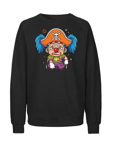 The Grumpy Star Clown: Chibi Pirate - Buggy the clown shirt, One Piece merch, chibi anime graphic tee, funny pirate apparel, kawaii otaku streetwear, Star Clown clothing, grumpy anime character, shonen manga fashion, Japanese anime villain tee, cute pirate captain shirt - Fairtrade Sweatshirt