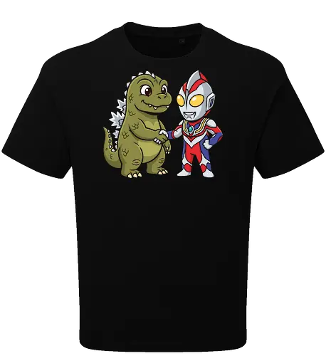 Kaiju Truce: The Hero & The Monster - Godzilla and Ultraman shirt, kawaii kaiju graphic tee, Japanese superhero apparel, Tokusatsu fan merch, chibi monster clothing, retro pop culture streetwear, Godzilla crossover tee, funny anime hero design, otaku aesthetic fashion, vintage monster movie shirt - Oversize T-Shirt