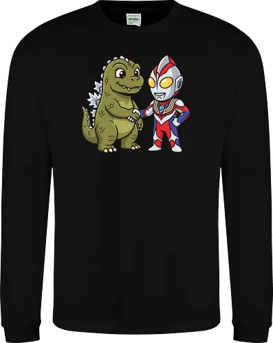 Kaiju Truce: The Hero & The Monster - Godzilla and Ultraman shirt, kawaii kaiju graphic tee, Japanese superhero apparel, Tokusatsu fan merch, chibi monster clothing, retro pop culture streetwear, Godzilla crossover tee, funny anime hero design, otaku aesthetic fashion, vintage monster movie shirt - Sweatshirt