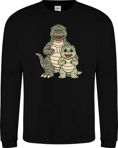 Monster Family: The Kaiju Father - cute kaiju graphic tee, retro monster movie apparel, Japanese pop culture streetwear, father and son dinosaur design, kawaii Godzilla merch, vintage aesthetic clothing, funny dad shirt, classic Tokusatsu tee, giant monster family graphic, Kaiju and Minilla shirt - Sweatshirt