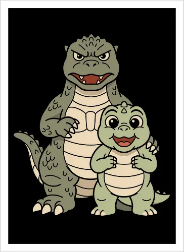 Monster Family: The Kaiju Father - cute kaiju graphic tee, retro monster movie apparel, Japanese pop culture streetwear, father and son dinosaur design, kawaii Godzilla merch, vintage aesthetic clothing, funny dad shirt, classic Tokusatsu tee, giant monster family graphic, Kaiju and Minilla shirt - Kunstdruck