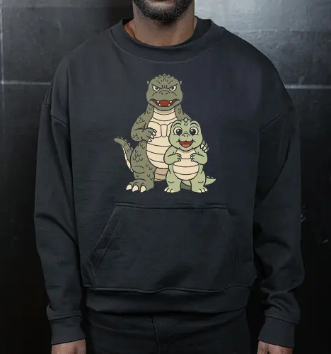 Monster Family: The Kaiju Father - cute kaiju graphic tee, retro monster movie apparel, Japanese pop culture streetwear, father and son dinosaur design, kawaii Godzilla merch, vintage aesthetic clothing, funny dad shirt, classic Tokusatsu tee, giant monster family graphic, Kaiju and Minilla shirt - Cropped Sweatshirt