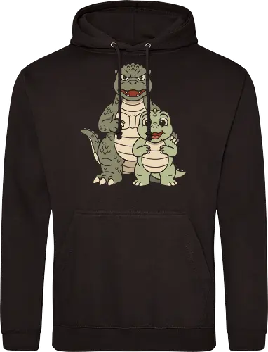 Monster Family: The Kaiju Father - cute kaiju graphic tee, retro monster movie apparel, Japanese pop culture streetwear, father and son dinosaur design, kawaii Godzilla merch, vintage aesthetic clothing, funny dad shirt, classic Tokusatsu tee, giant monster family graphic, Kaiju and Minilla shirt - Standard Hoodie