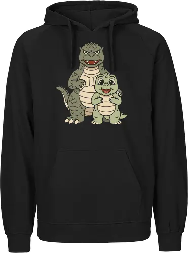 Monster Family: The Kaiju Father - cute kaiju graphic tee, retro monster movie apparel, Japanese pop culture streetwear, father and son dinosaur design, kawaii Godzilla merch, vintage aesthetic clothing, funny dad shirt, classic Tokusatsu tee, giant monster family graphic, Kaiju and Minilla shirt - Fairtrade Hoodie