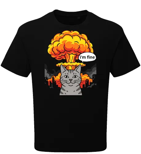 The "I'm Fine" Cat - funny cat shirt, this is fine meme apparel, im fine graphic tee, dark humor streetwear, sarcastic cat clothing, chaotic energy design, nuclear explosion shirt, relatable stress fashion, internet meme merch, apocalyptic graphic tee - Oversize T-Shirt
