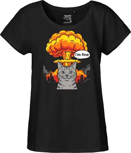 The "I'm Fine" Cat - funny cat shirt, this is fine meme apparel, im fine graphic tee, dark humor streetwear, sarcastic cat clothing, chaotic energy design, nuclear explosion shirt, relatable stress fashion, internet meme merch, apocalyptic graphic tee - Fairtrade Girl Shirt