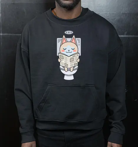 Morning Routine: The Reading Palico - Monster Hunter shirt, Palico graphic tee, funny cat apparel, gaming companion merch, kawaii gamer streetwear, toilet humor clothing, pastel aesthetic cat design, retro RPG fashion, cute animal reading shirt, relatable morning routine tee - Cropped Sweatshirt