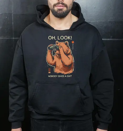Oh, Look! Nobody Gives a Shit - bear, funny, sarcastic, retro, vintage, japanese, humor, binoculars, introvert, quote, mood, adult humor, swear word, cute, nature - Cropped Hoodie
