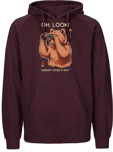 Oh, Look! Nobody Gives a Shit - bear, funny, sarcastic, retro, vintage, japanese, humor, binoculars, introvert, quote, mood, adult humor, swear word, cute, nature - Fairtrade Hoodie