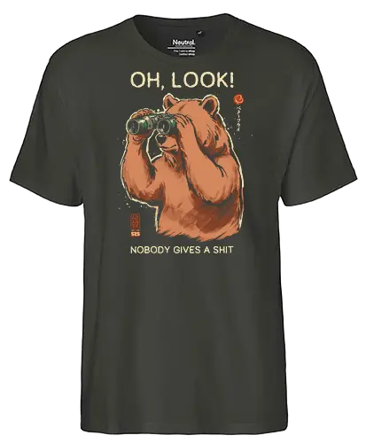 Oh, Look! Nobody Gives a Shit - bear, funny, sarcastic, retro, vintage, japanese, humor, binoculars, introvert, quote, mood, adult humor, swear word, cute, nature - Fairtrade T-Shirt