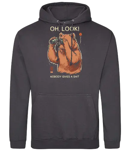 Oh, Look! Nobody Gives a Shit - bear, funny, sarcastic, retro, vintage, japanese, humor, binoculars, introvert, quote, mood, adult humor, swear word, cute, nature - Standard Hoodie
