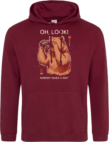 Oh, Look! Nobody Gives a Shit - bear, funny, sarcastic, retro, vintage, japanese, humor, binoculars, introvert, quote, mood, adult humor, swear word, cute, nature - Standard Hoodie