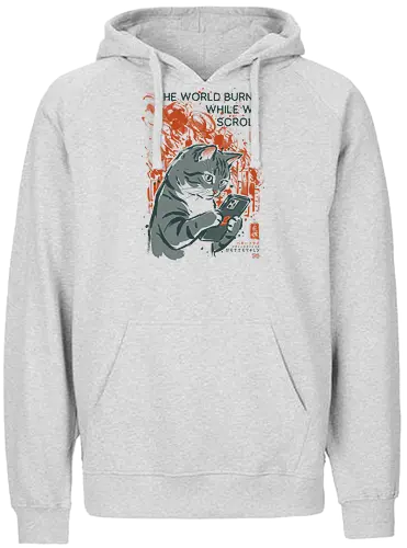 The World Burns While We Scroll - cat, funny, phone, doomscrolling, vintage, retro, japanese, social media, internet, scrolling, quote, humor, cute, mood, ironic - Fairtrade Hoodie