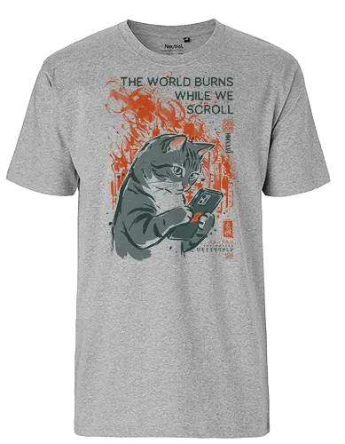 The World Burns While We Scroll - cat, funny, phone, doomscrolling, vintage, retro, japanese, social media, internet, scrolling, quote, humor, cute, mood, ironic - Fairtrade T-Shirt