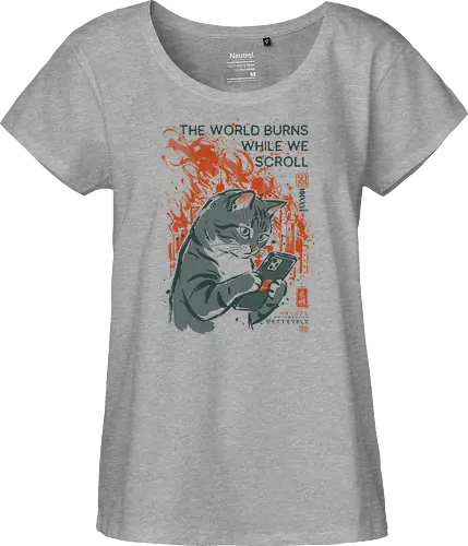 The World Burns While We Scroll - cat, funny, phone, doomscrolling, vintage, retro, japanese, social media, internet, scrolling, quote, humor, cute, mood, ironic - Fairtrade Girl Shirt