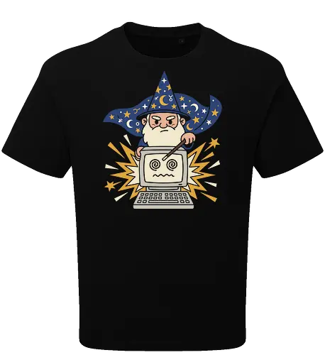 The Tech Wizard: IT Support Magic - tech wizard shirt, IT support graphic tee, funny programmer apparel, retro computer merch, coding wizard clothing, vintage PC design, geeky humor streetwear, magical troubleshooting tee, computer science fashion, fantasy gamer shirt - Oversize T-Shirt