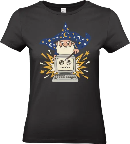 The Tech Wizard: IT Support Magic - tech wizard shirt, IT support graphic tee, funny programmer apparel, retro computer merch, coding wizard clothing, vintage PC design, geeky humor streetwear, magical troubleshooting tee, computer science fashion, fantasy gamer shirt - Standard T-Shirt (Frauen)