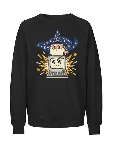 The Tech Wizard: IT Support Magic - tech wizard shirt, IT support graphic tee, funny programmer apparel, retro computer merch, coding wizard clothing, vintage PC design, geeky humor streetwear, magical troubleshooting tee, computer science fashion, fantasy gamer shirt - Fairtrade Sweatshirt