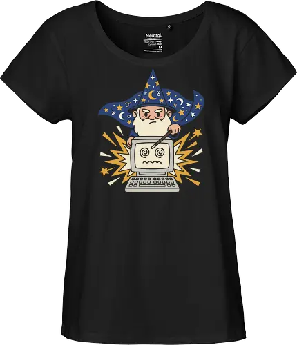 The Tech Wizard: IT Support Magic - tech wizard shirt, IT support graphic tee, funny programmer apparel, retro computer merch, coding wizard clothing, vintage PC design, geeky humor streetwear, magical troubleshooting tee, computer science fashion, fantasy gamer shirt - Fairtrade Girl Shirt