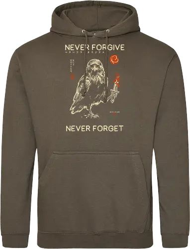 Never Forgive Never Forget - raven, crow, funny, dark humor, vintage, retro, japanese, dagger, bloody, revenge, gothic, bird, quote, mood, sarcastic - Standard Hoodie