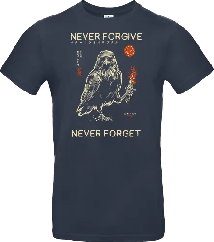 Never Forgive Never Forget - raven, crow, funny, dark humor, vintage, retro, japanese, dagger, bloody, revenge, gothic, bird, quote, mood, sarcastic - Standard T-Shirt