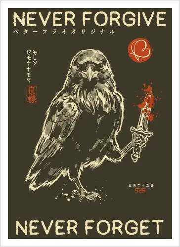 Never Forgive Never Forget - raven, crow, funny, dark humor, vintage, retro, japanese, dagger, bloody, revenge, gothic, bird, quote, mood, sarcastic - Kunstdruck