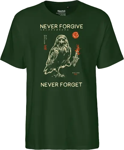 Never Forgive Never Forget - raven, crow, funny, dark humor, vintage, retro, japanese, dagger, bloody, revenge, gothic, bird, quote, mood, sarcastic - Fairtrade T-Shirt