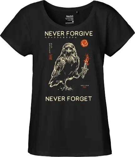 Never Forgive Never Forget - raven, crow, funny, dark humor, vintage, retro, japanese, dagger, bloody, revenge, gothic, bird, quote, mood, sarcastic - Fairtrade Girl Shirt
