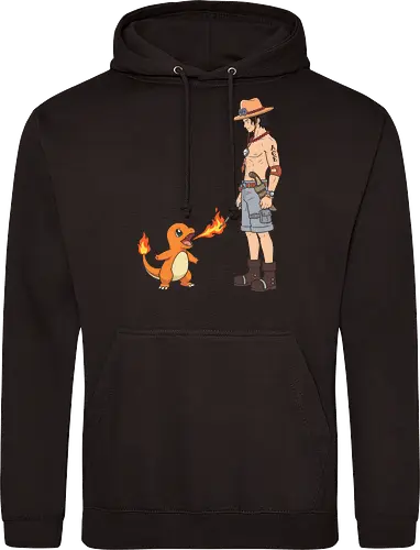 Fire Users: The Perfect Match - Portgas D Ace shirt, One Piece crossover apparel, fire pokemon graphic tee, Charmander merch, anime mashup streetwear, Fire Fist pirate clothing, classic shonen anime fashion, retro gaming nostalgia tee, otaku pop culture design, cute anime fire users - Standard Hoodie
