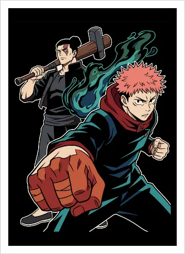 Cursed Brothers: The Divergent Fist - Jujutsu Kaisen shirt, Yuji Itadori graphic tee, Aoi Todo merch, besto friendo apparel, anime battle streetwear, cursed energy design, shonen manga clothing, dynamic anime punch tee, dark fantasy anime fashion, modern otaku streetwear - Kunstdruck
