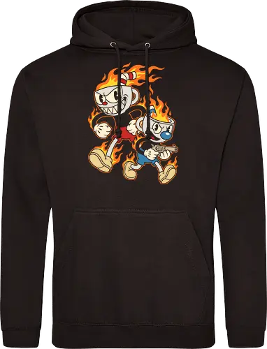 Don't Deal With the Devil: Cup Bros on Fire - Cuphead and Mugman shirt, retro gaming graphic tee, rubber hose cartoon apparel, indie video game merch, vintage animation streetwear, flaming cup design, edgy gamer clothing, 1930s cartoon aesthetic, run and gun game shirt, pop culture mashup tee, rubber hose cartoon apparel, indie video game merch, vintage animation streetwear, flaming cup design, edgy gamer clothing, Cuphead and Mugman shirt, retro gaming graphic tee, 1930s cartoon aesthetic, run and gun game shirt, pop culture mashup tee - Standard Hoodie