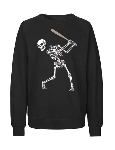 Batter Up: The Undead Hitter - skeleton baseball shirt, negative space graphic tee, minimalist skull apparel, edgy sports streetwear, dead batter design, alternative gothic clothing, dark aesthetic baseball tee, fragmented skeleton art, spooky sports merch, unique skull graphic - Fairtrade Sweatshirt