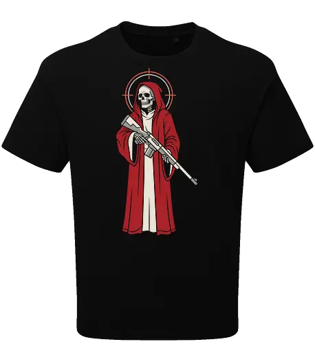 Holy Reaper: The Crimson Marksman - grim reaper shirt, tactical skeleton graphic tee, red robe death apparel, edgy sniper streetwear, dark gothic clothing, holy reaper design, alternative military shirt, modern angel of death, crosshair halo tee, bad ass skull merch - Oversize T-Shirt