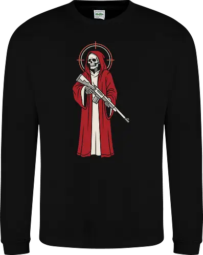 Holy Reaper: The Crimson Marksman - grim reaper shirt, tactical skeleton graphic tee, red robe death apparel, edgy sniper streetwear, dark gothic clothing, holy reaper design, alternative military shirt, modern angel of death, crosshair halo tee, bad ass skull merch - Sweatshirt