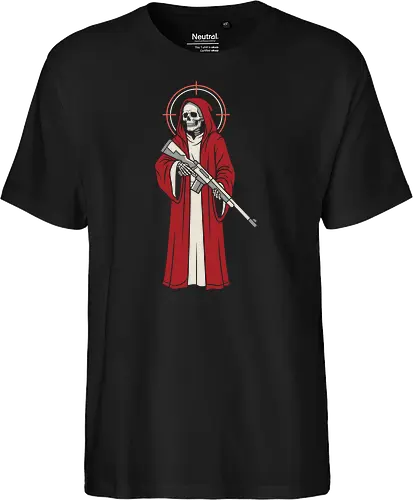Holy Reaper: The Crimson Marksman - grim reaper shirt, tactical skeleton graphic tee, red robe death apparel, edgy sniper streetwear, dark gothic clothing, holy reaper design, alternative military shirt, modern angel of death, crosshair halo tee, bad ass skull merch - Fairtrade T-Shirt