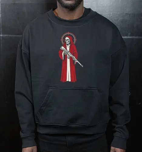 Holy Reaper: The Crimson Marksman - grim reaper shirt, tactical skeleton graphic tee, red robe death apparel, edgy sniper streetwear, dark gothic clothing, holy reaper design, alternative military shirt, modern angel of death, crosshair halo tee, bad ass skull merch - Cropped Sweatshirt