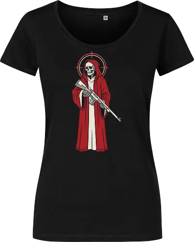 Holy Reaper: The Crimson Marksman - grim reaper shirt, tactical skeleton graphic tee, red robe death apparel, edgy sniper streetwear, dark gothic clothing, holy reaper design, alternative military shirt, modern angel of death, crosshair halo tee, bad ass skull merch - Damen T-Shirt